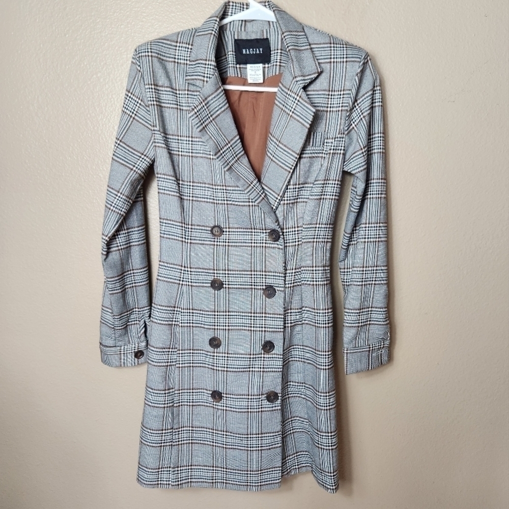 Magjay Vintage Womens Double Breasted Wool/Silk Blend Plaid Trench Dress-Size S